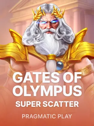 Portada del juego Gates of Olympus Super Scatter: Zeus de barba blanca con corona de laurel dorada entre columnas antiguas