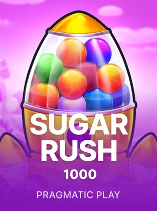Portada del juego Sugar Rush 1000: cápsula transparente llena de caramelos de colores sobre fondo rosa y violeta