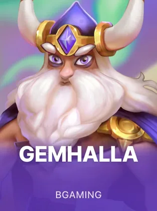 Portada del juego Gemhalla: dios vikingo de barba blanca con casco dorado y una gema violeta en la frente