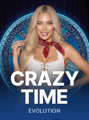 Portada del juego en vivo Crazy Time: presentadora junto a la rueda azul con números del programa