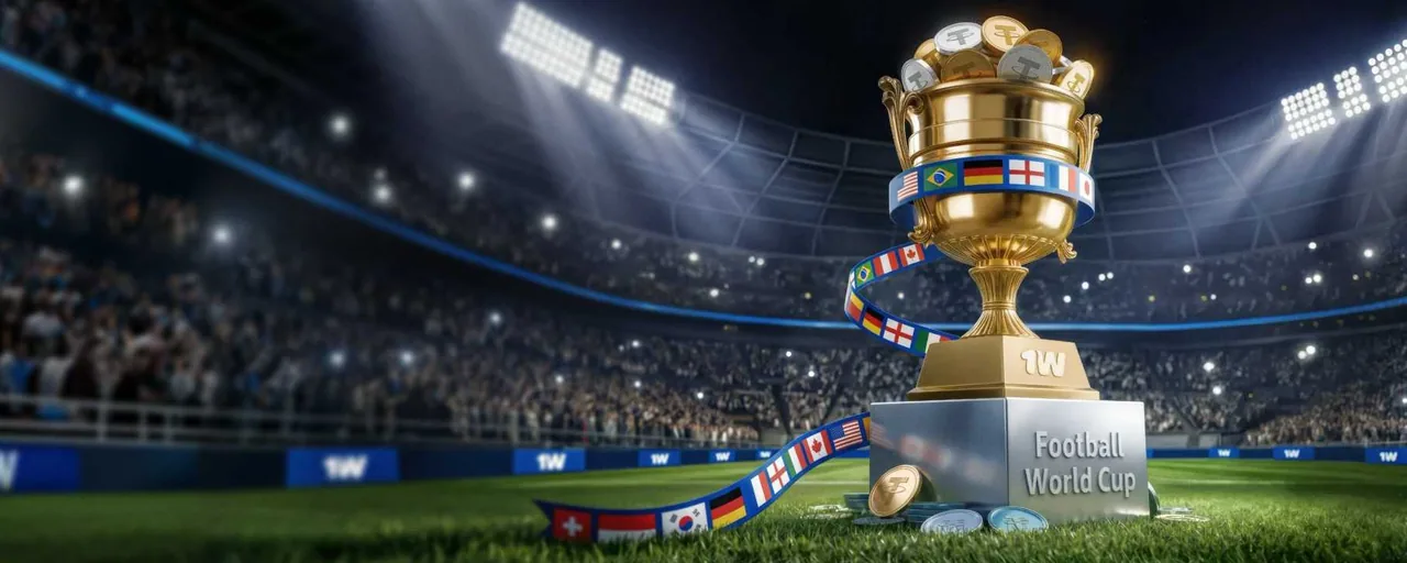 Imagen promocional de 1win: copa dorada Football World Cup sobre un pedestal, monedas Tether y cintas con banderas, con un estadio de fútbol nocturno de fondo